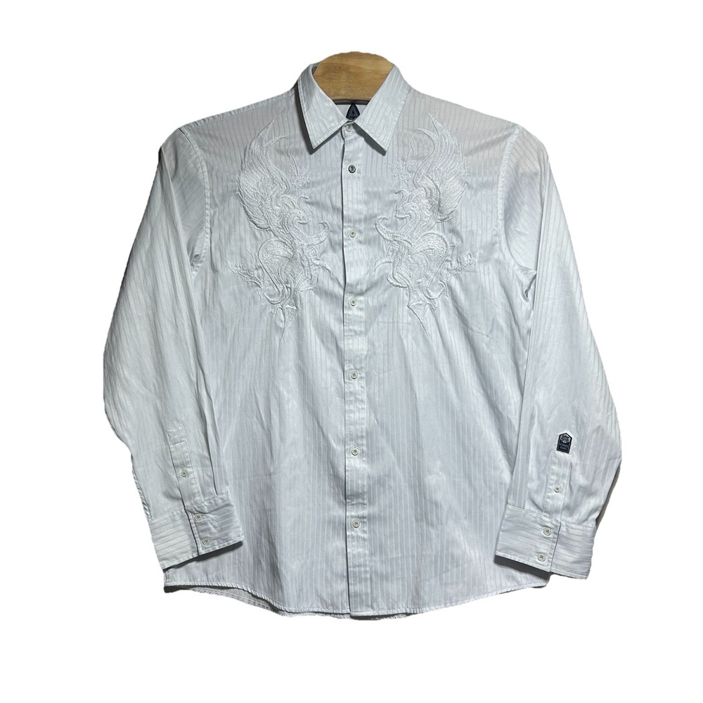 Roar Shirt Mens XXL‎ Long Sleeve Button Up Shirt White Y2K Embossed Style
